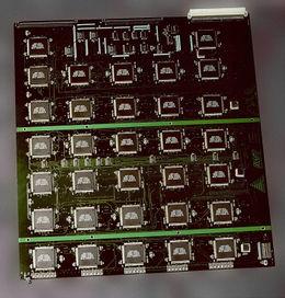 One of the custom built system boards, showing specialized DES Chips, in Deep Crack
